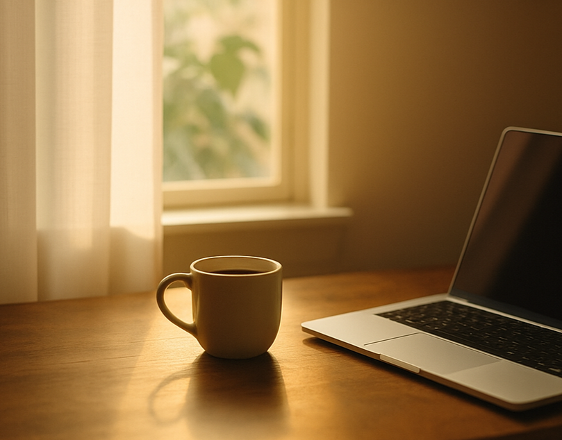 창가에 따뜻한 햇살이 비치는 테이블 위, 커피잔과 노트북이 놓인 고요한 아침의 모습