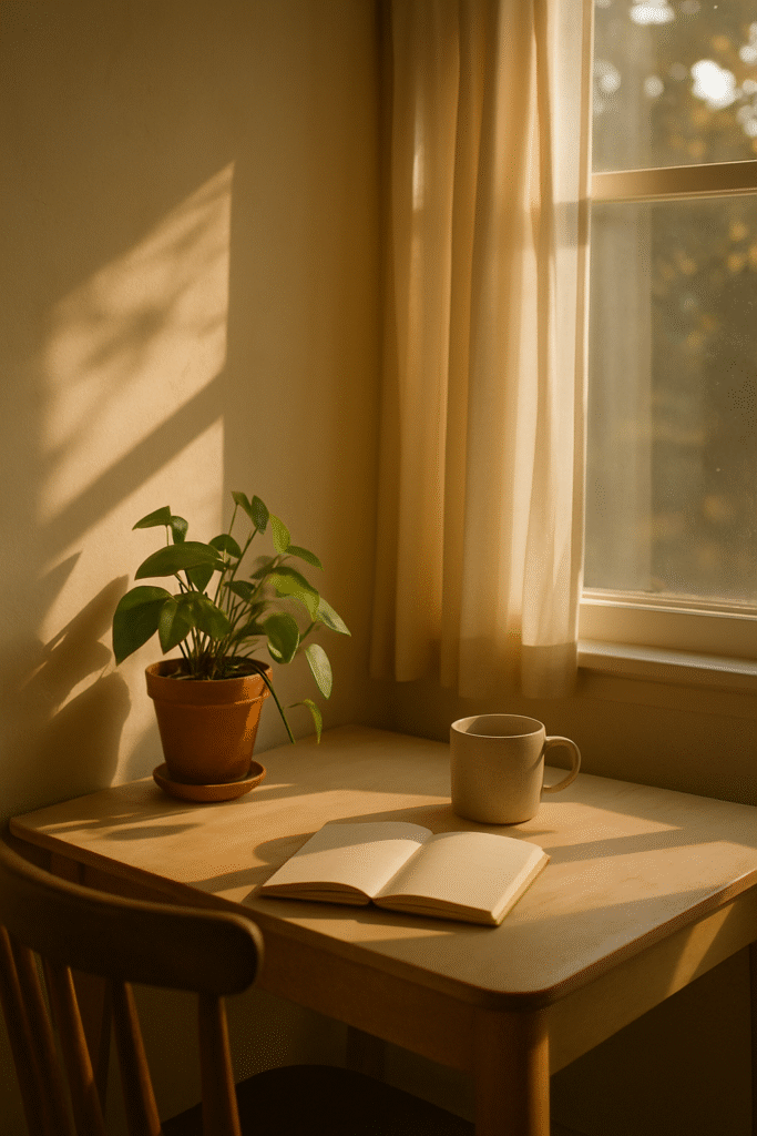 햇빛이 부드럽게 들어오는 고요한 실내공간,편안함과 사색의 분위기 