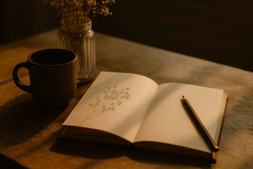 따뜻한 햇살이 비추는 나무테이블 위에 놓인빈 노트와 연필, 그리고 조용한 휴식의 분위기를 담은 감성사진
 