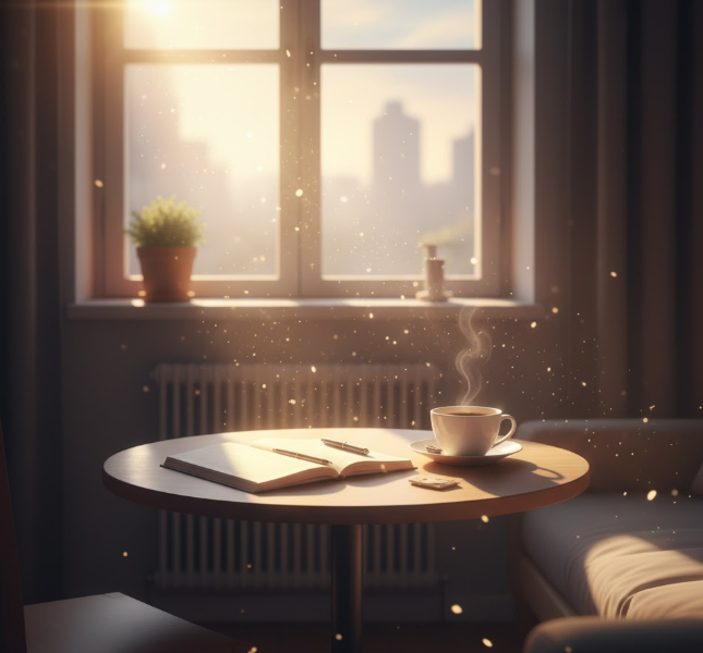 창가의 테이블 위 커피잔과 노트, 고요하지만 따뜻한 오후의 순간