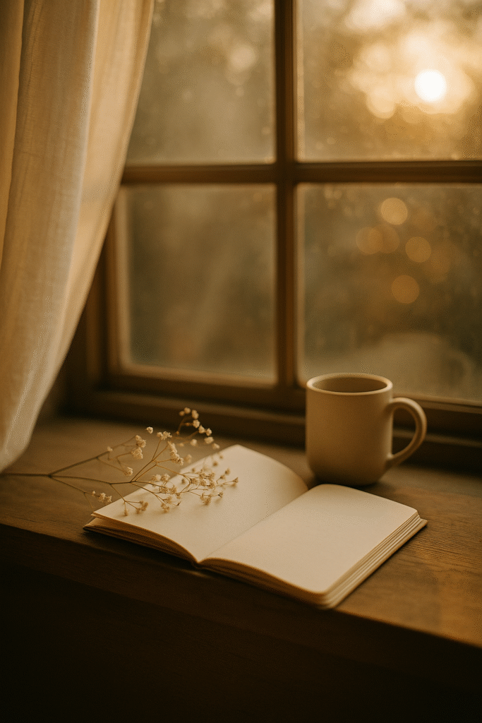 따뜻한 햇빛이 드는 창가에 놓인 빈노트와 커피잔, 조용한 사색과 치유의 순간을 담은 감성이미지 
