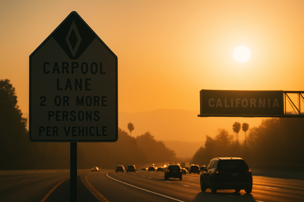 캘리포니아 고속도로에서 보이는 카풀레인(HOV)표지판과 노을풍경, 카풀레인 규칙 설명을 위한 블로그용 감성이미지