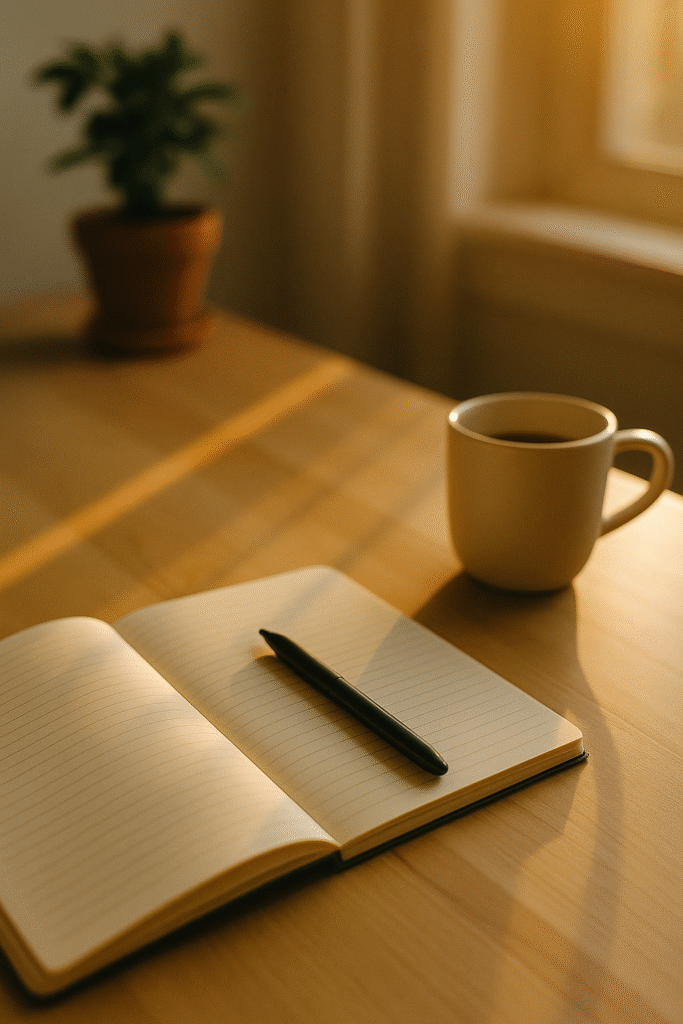 “따뜻한 햇살이 비치는 책상 위, 노트와 커피잔이 있는 고요한 순간”