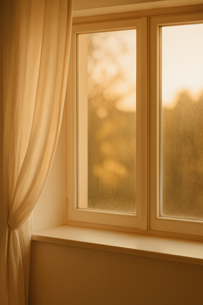 따스한 자연광이 비치는 창가 풍경 위로 고요함과 회복의 감정을 담은 이미지.