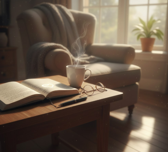 햇살 아래 놓인 책과 커피컵 