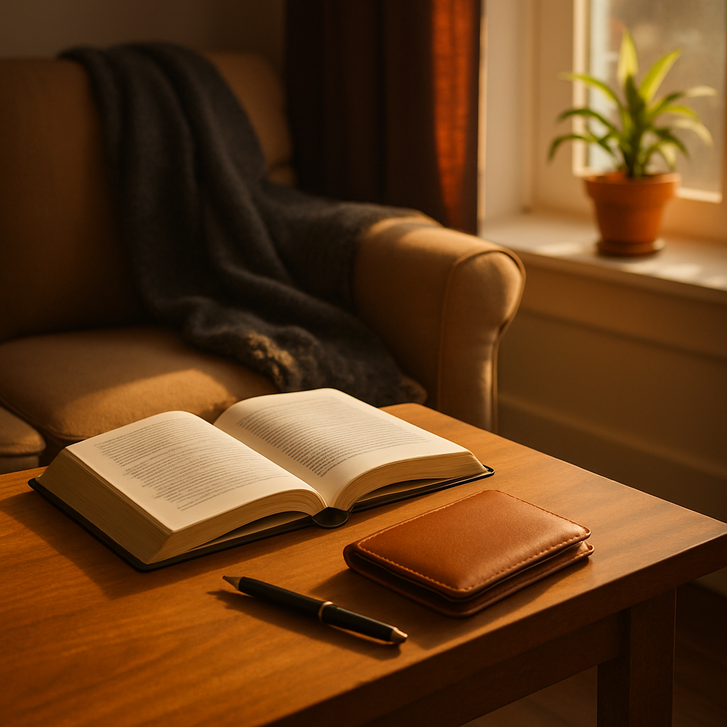 따뜻한 햇살이 비치는 창가에서 책, 지갑, 펜이 놓여있는 차분하고 미니멀한 감성 테이블 풍경