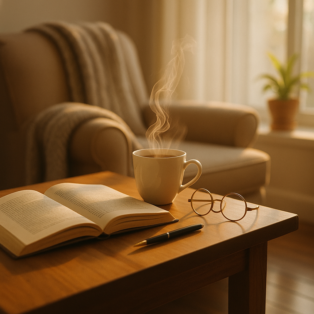따뜻한 햇살 아래 책과 커피과 놓인 조용한 공간의 감성적인 일상풍경 
