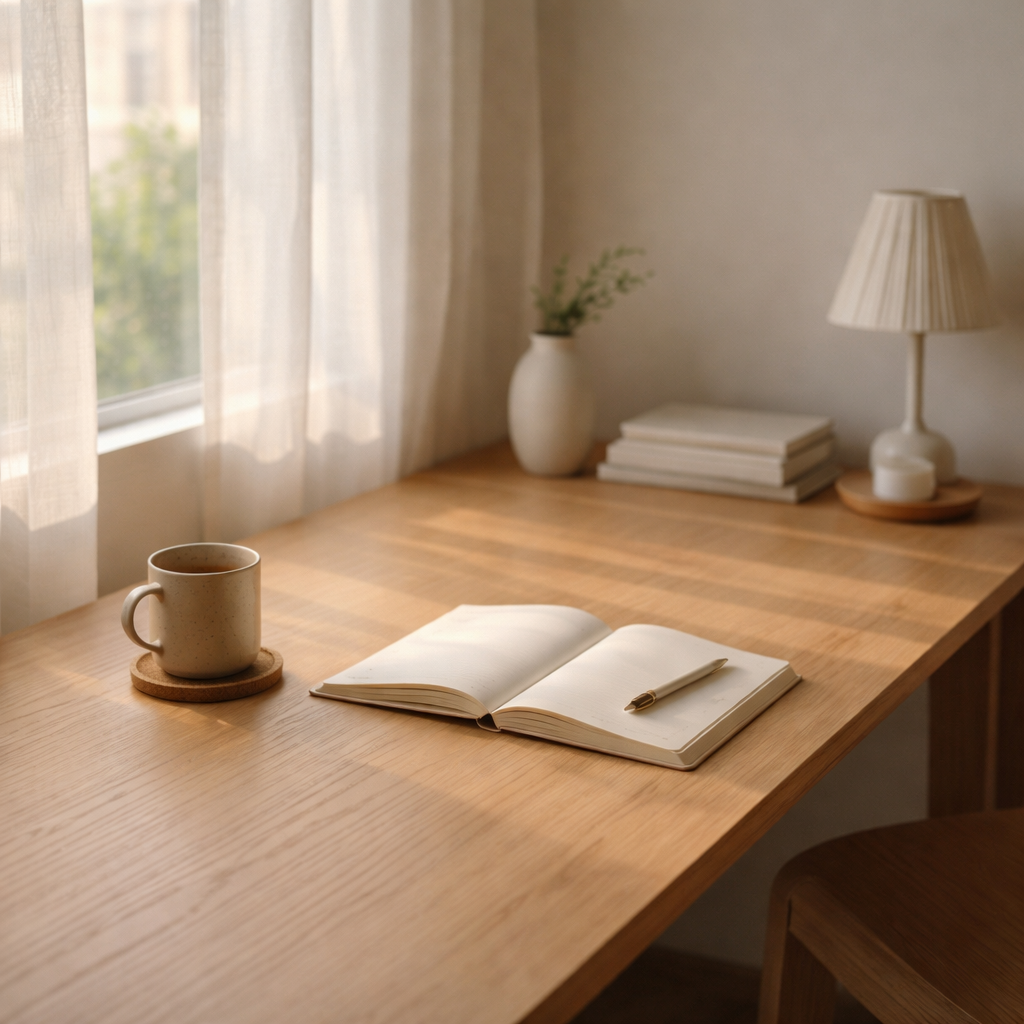 햇살이 비치는 미니멀한 작업 공간, 정리된 성장의 기록