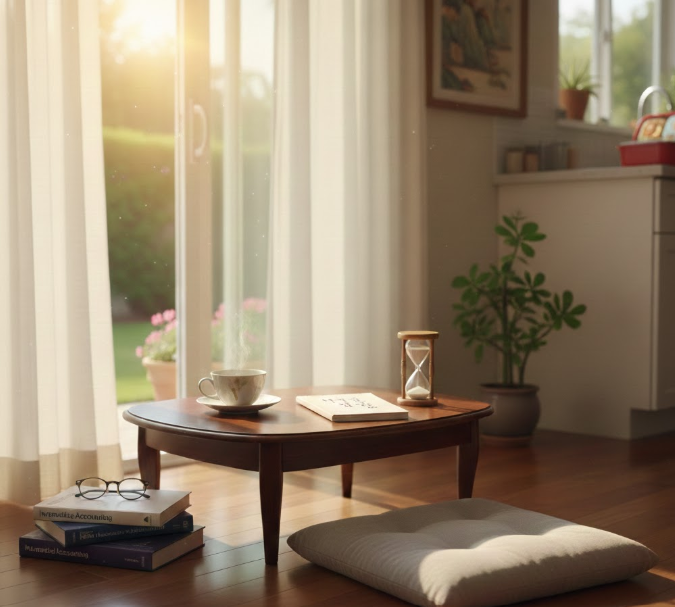 햇살이 드는 조용한 공간에서 커피와 책이 놓인 평온한 휴식 장면