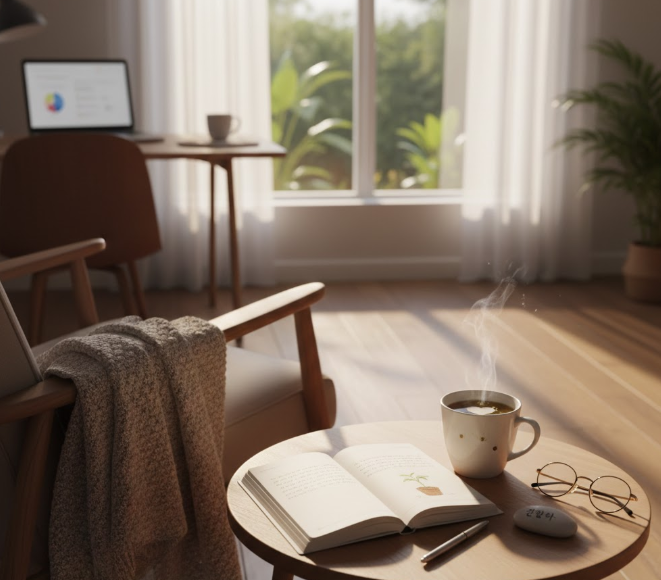 “부드러운 햇살이 비치는 창가 작은 테이블 위에 놓인 노트와 차 한 잔의 고요한 아침 풍경.”