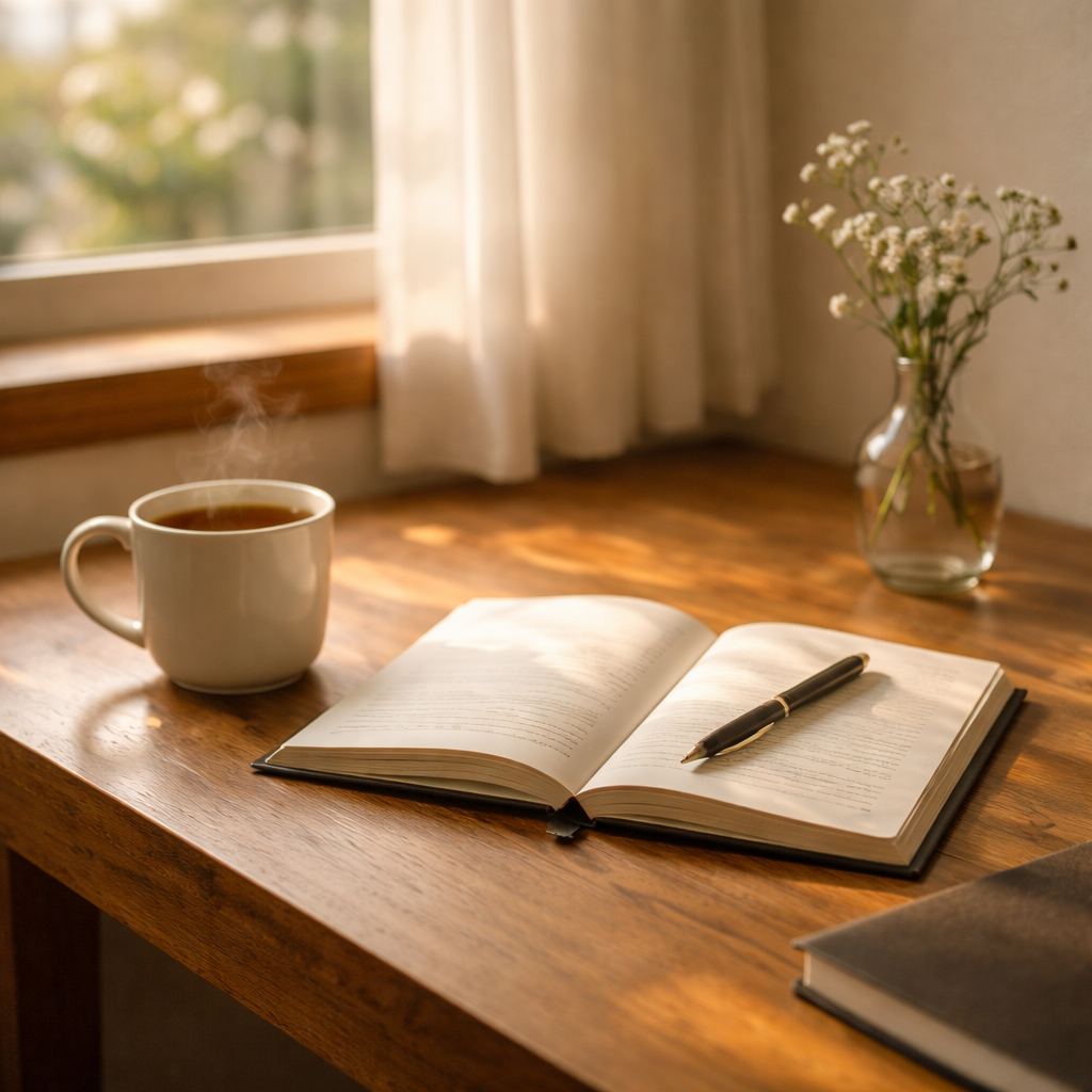 따뜻한 햇살이 비치는 책상
Sunlight-filled desk with an open notebook, pen, and a warm cup of tea — a quiet moment of self-reflection without spending money
