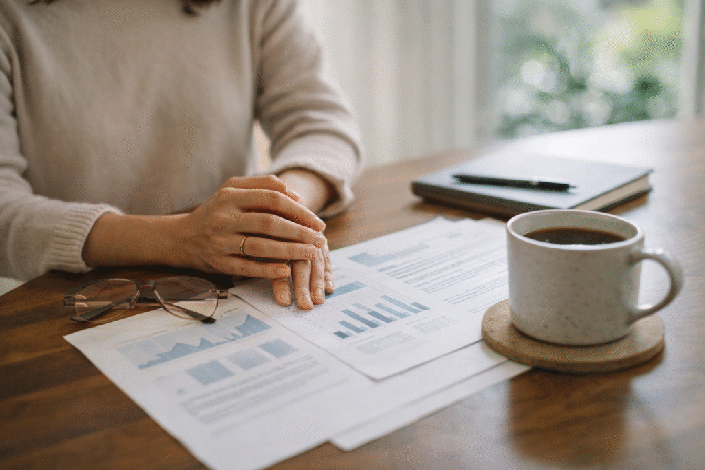 A quiet moment of redefining wealth, with financial documents, a cup of coffee, and calm morning light in California