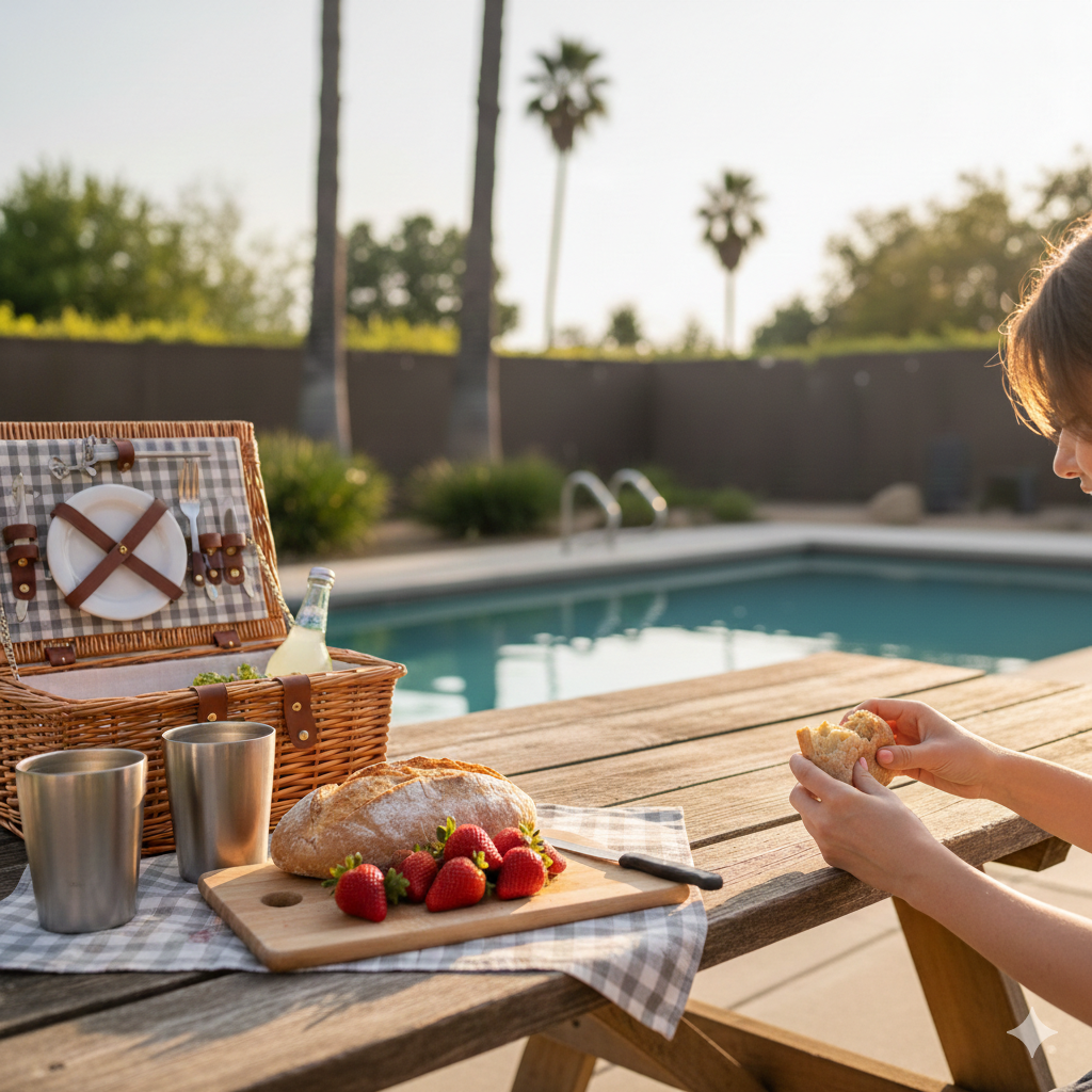 캘리포니아 집마당 수영장 옆에서 간단한 음식으로 즐기는 소박한 오후 휴식