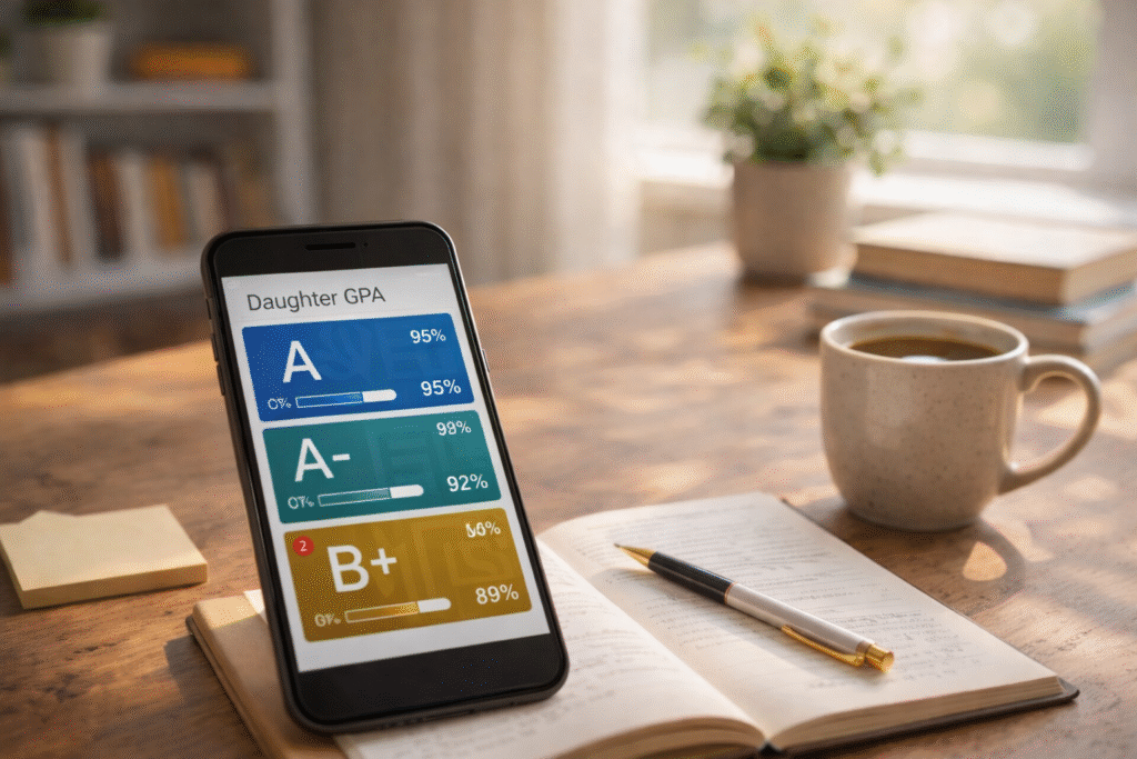 미국 중학교 성적 관리 GPA 확인 화면과 자녀 교육 전략을 고민하는 엄마의 책상