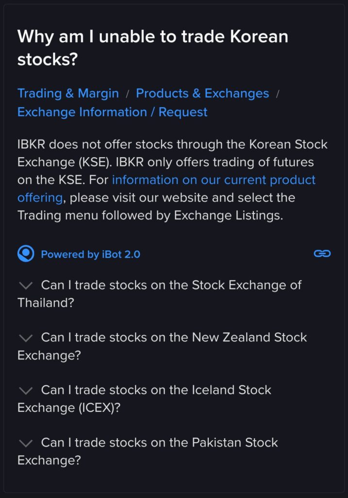 IBKR 고객센터 안내 화면, 한국거래소(KRX) 개별 주식 거래 미지원 안내 문구