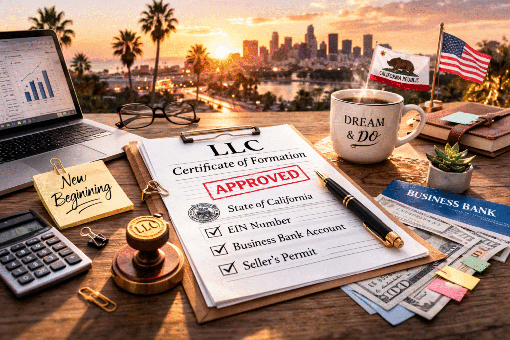 미국 캘리포니아 LLC 설립 과정과 EIN 발급, 비즈니스 계좌 개설 절차를 기록하는 1인 창업가 머니 디렉터