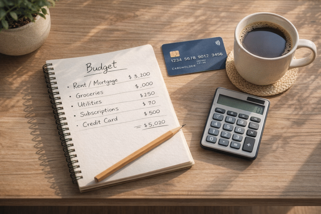 Overhead view of a family budget notebook, credit card statement, and calculator on a wooden table