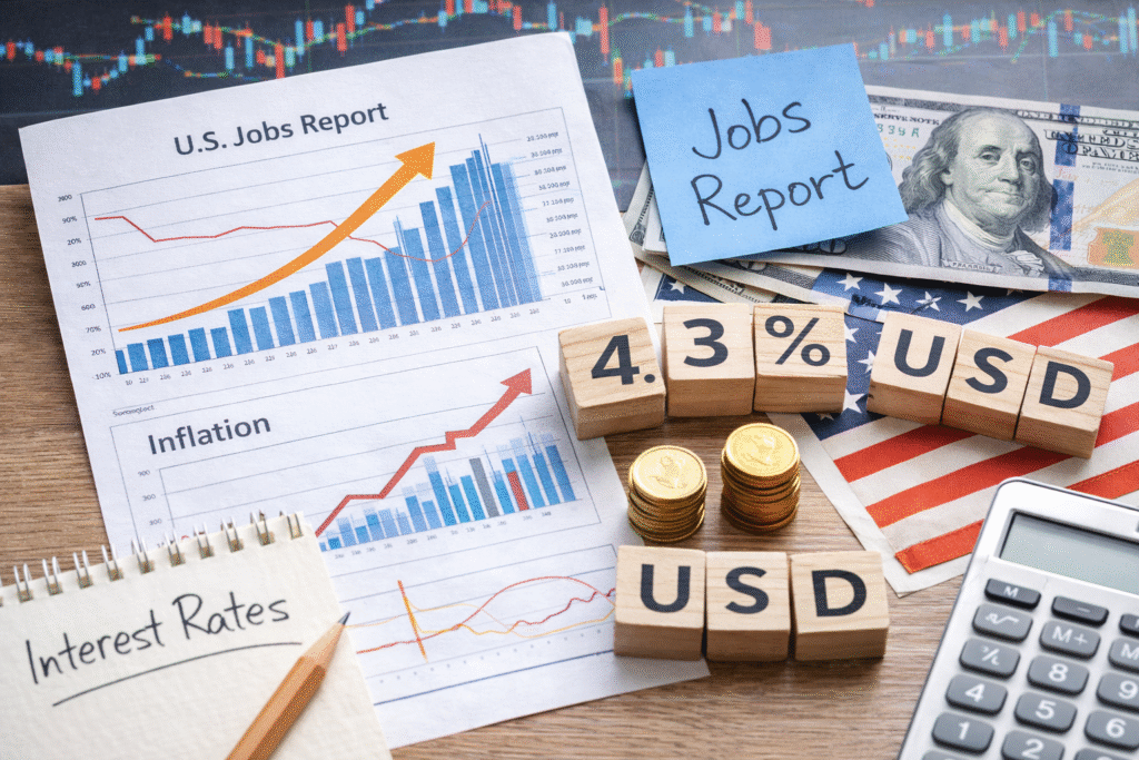 미국 고용지표 발표화면과 달러지수 그래프를 함께 보여주는 경제분석 이미지