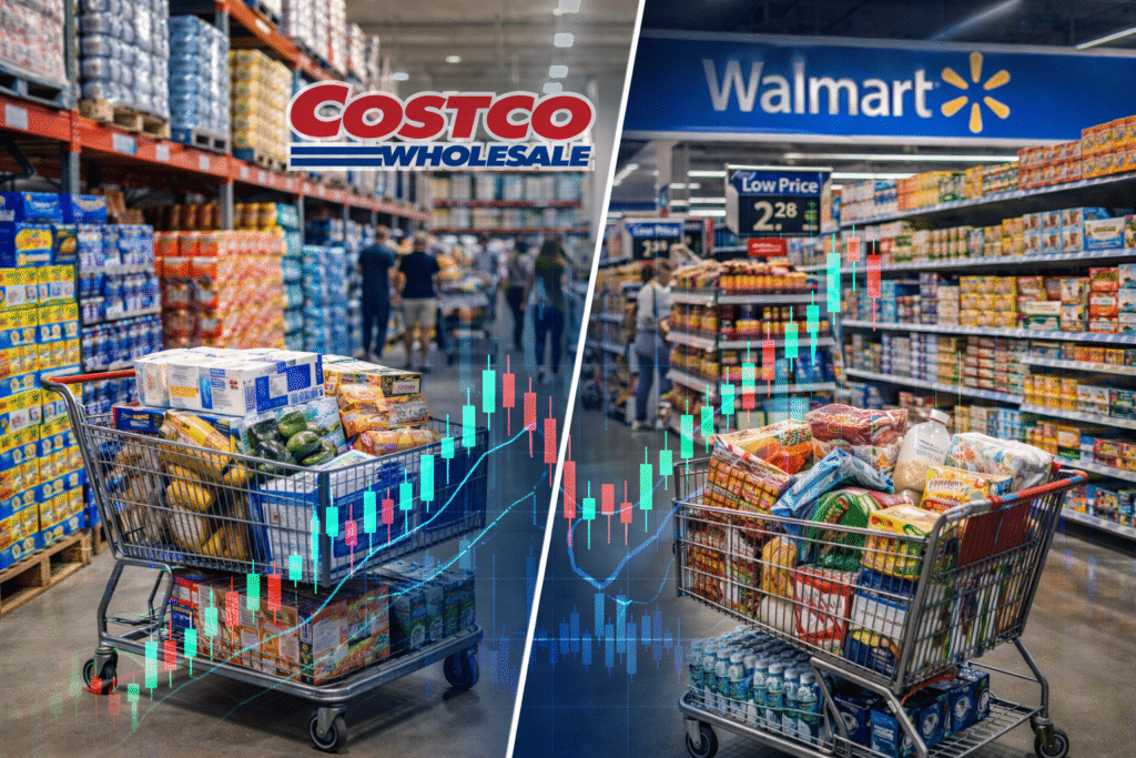 캘리포니아 마트에서 bulk 제품 쇼핑 중 사상 최고가를 경신한 월마트(WMT)와 코스트코(COST) 주가 그래프를 분석하는 Julia의 재무 디렉터 시선 라이프노트