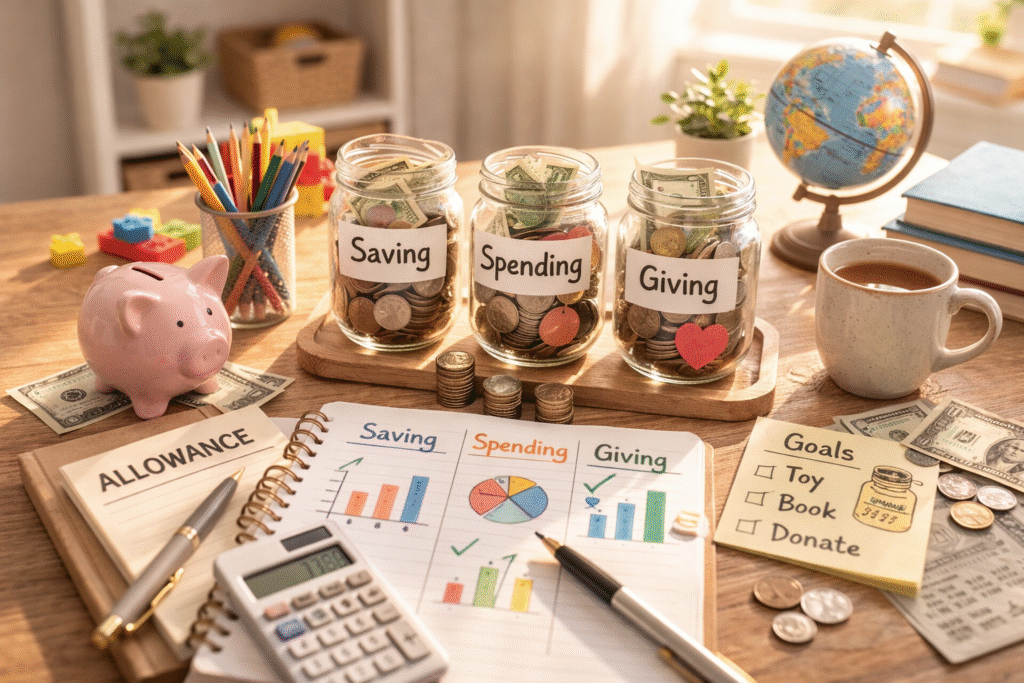 미국 초등학생 용돈 교육을 위한 저축 소비 기부 저금통과 머니 디렉터의 조언