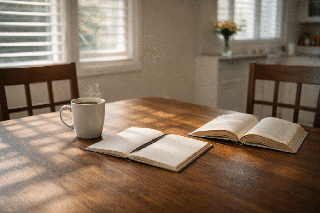 오렌지 카운티 오후, 햇살이 들어오는 다이닝룸에서 커피 한 잔과 고요한 시간