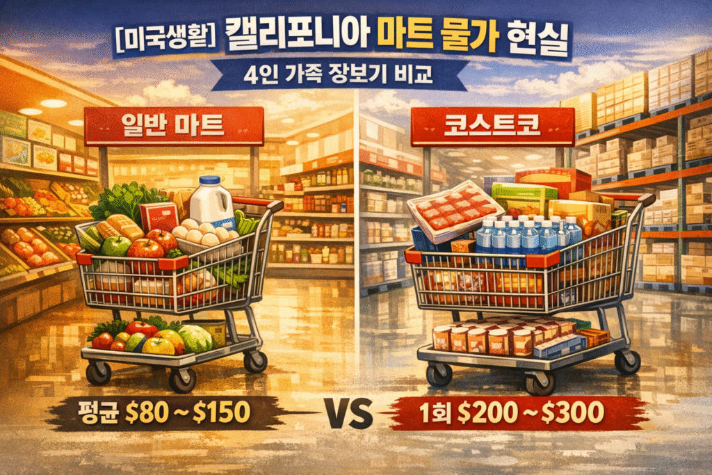 미국 캘리포니아 마트 물가 비교 코스트코와 H마트 트레이더조스 장보기 비용과 소비 구조를 설명하는 이미지