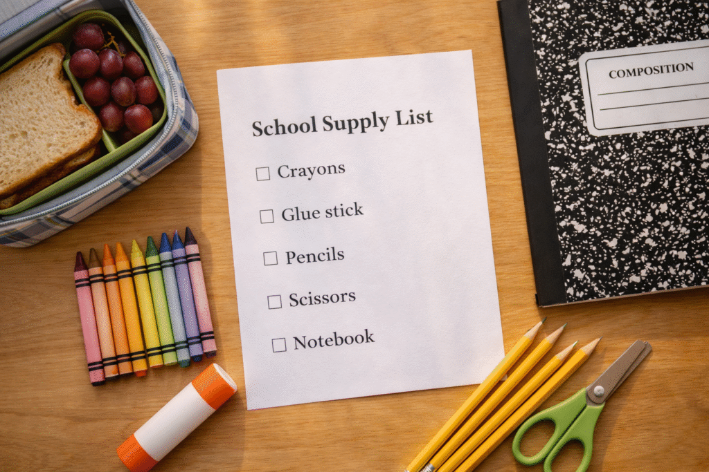 미국 초등학교 준비물 리스트와 크레파스, 연필, 가위 등 학용품이 놓인 책상 이미지