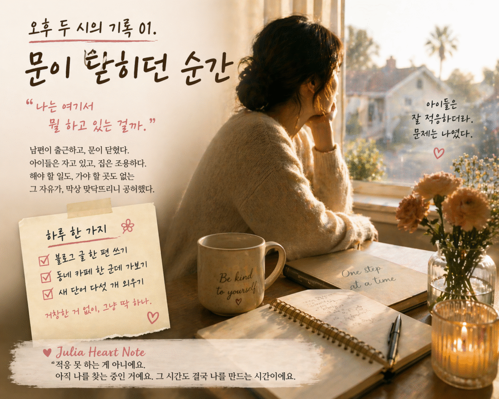 캘리포니아 이주 초기 혼자 남은 오후의 공허함과 자기 탐색을 담은 감성 라이프 이미지