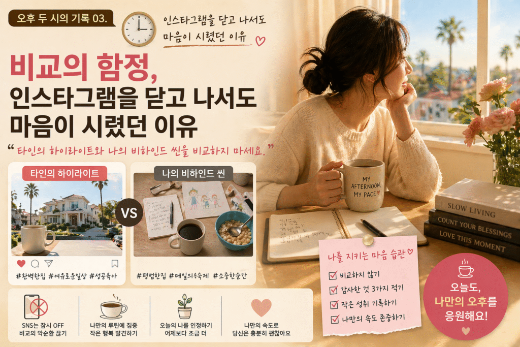 인스타그램 비교로 인한 상대적 박탈감과 자기 성찰을 표현한 오후 두 시 감성 라이프 이미지