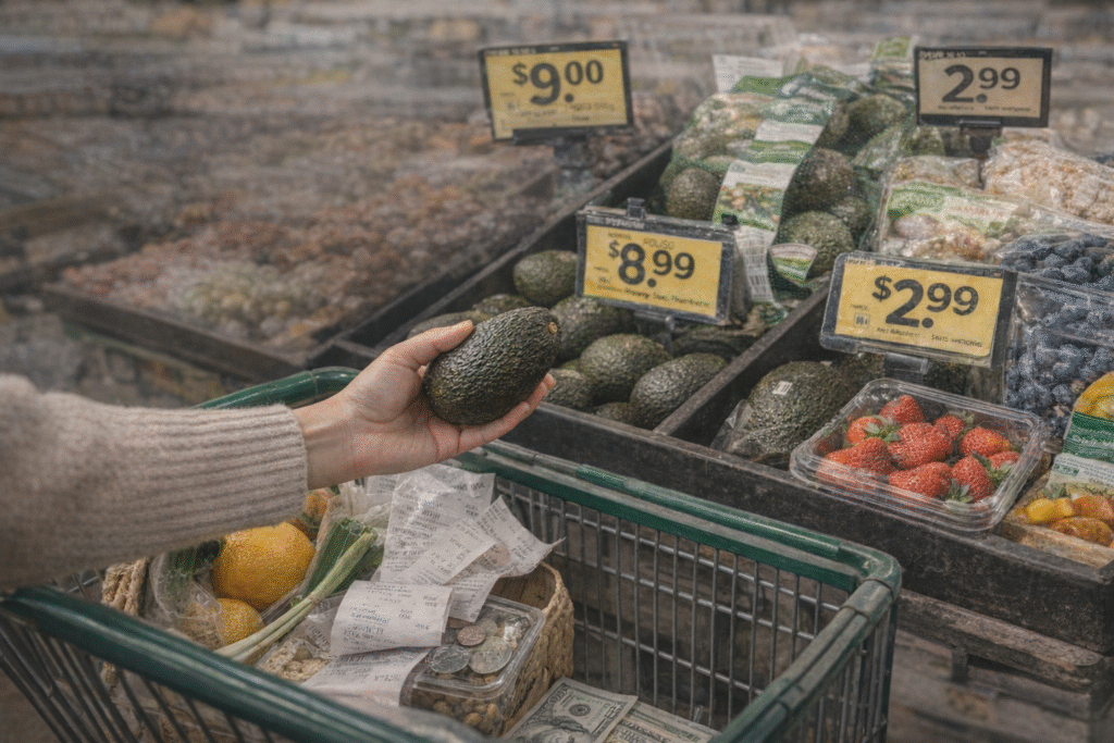 캘리포니아 마트에서 아보카도 가격 상승을 보여주는 장바구니 물가 이미지