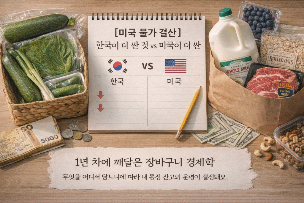 미국과 한국의 장바구니 물가를 비교하는 이미지로 채소, 우유, 소고기, 오트밀 등 품목별 가격 차이를 보여주는 장면