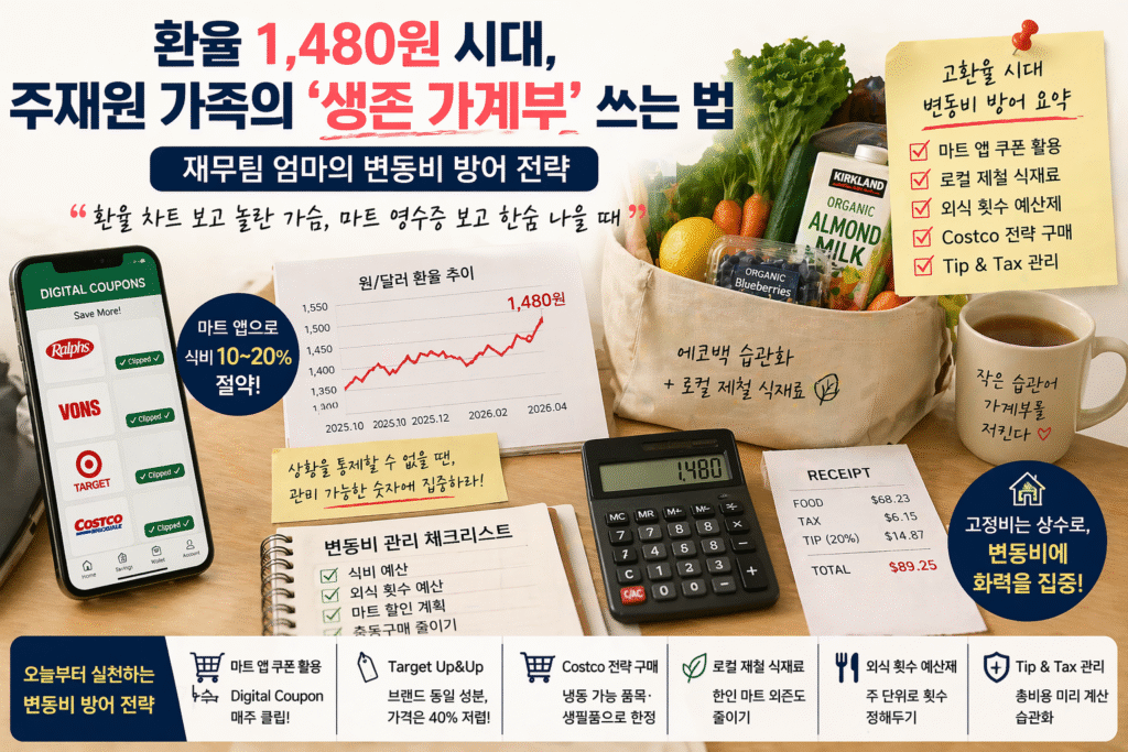 환율 1480원 시대에 주재원 가족의 생활비 절약과 변동비 관리 전략을 보여주는 가계부 이미지