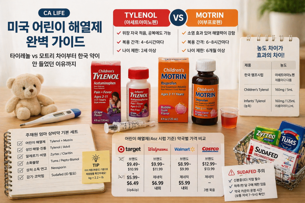 미국 어린이 해열제 타이레놀과 모트린 차이와 복용 정보, 약국 가격 비교를 정리한 이미지