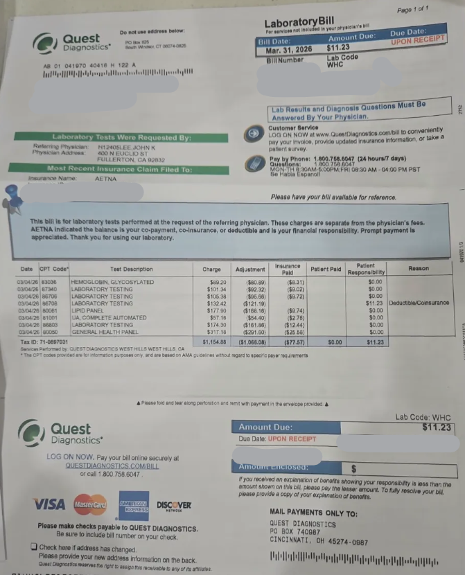 미국 건강검진 Quest Diagnostics 실제 청구서 AETNA PPO 본인부담 11달러