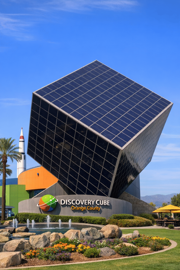 캘리포니아 디스커버리 큐브 OC 외관 사진으로 태양광 큐브 건물과 입구 전경을 보여주는 이미지