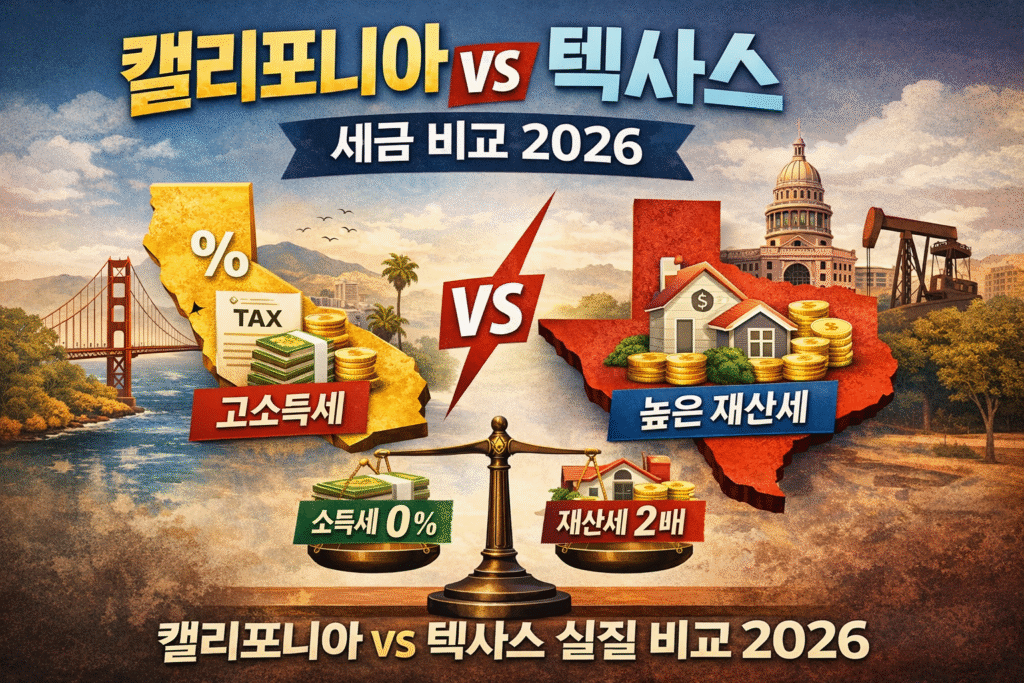 미국 세금 비교 캘리포니아 텍사스 2026, 소득세 재산세 차이 인포그래픽, 미국 주별 세금 구조 분석 