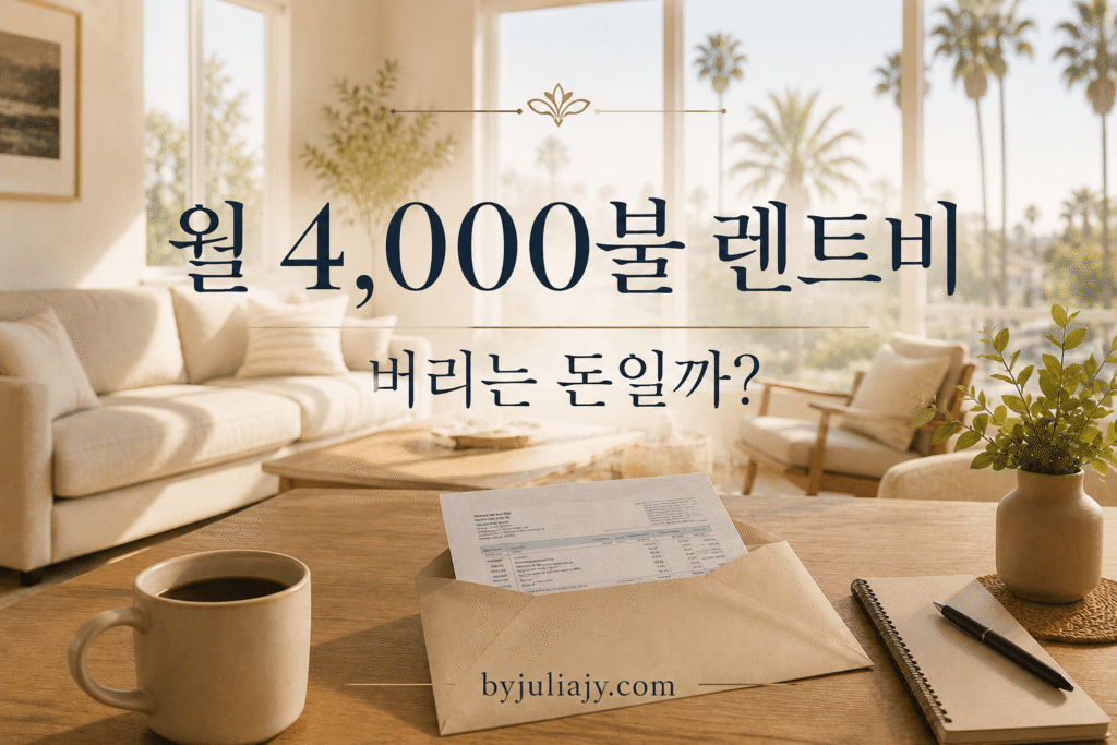 캘리포니아 오렌지카운티 주재원 가족의 월 4000불 렌트비 기회비용 분석  — 야자수가 보이는 창가 책상에 커피와 청구서가 놓인 캘리포니아 홈오피스