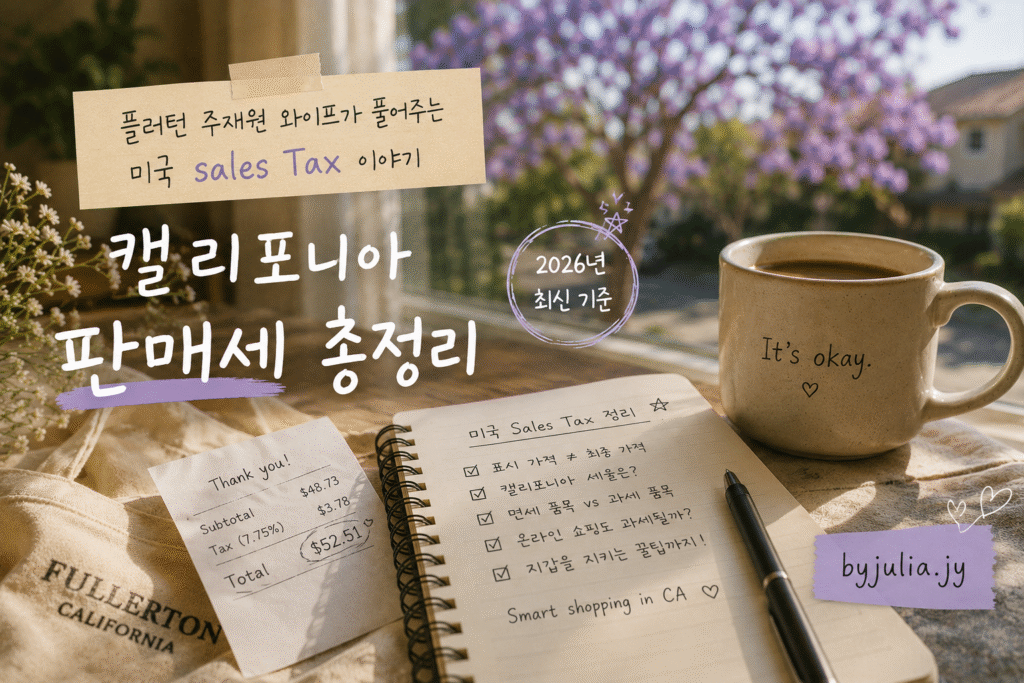 캘리포니아 풀러턴의 따뜻한 오후 햇살이 창가를 비추는 감성적인 장면. 커피 머그컵, 영수증, 메모장과 펜이 놓인 우드 테이블 위에 미국 판매세(Sales Tax) 관련 메모가 적혀 있고, 창밖에는 보라색 자카란다 나무가 흐릿하게 보이는 미국 생활 분위기의 블로그 썸네일 이미지. 미국 정착 초기에 마주하는 판매세와 생활 속 숫자 이야기를 따뜻한 라이프스타일 감성으로 표현.