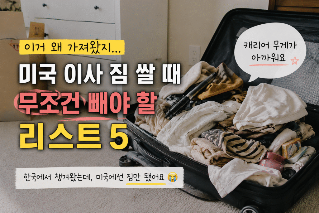 짐으로 가득 찬 캐리어를 열어놓은 실내 장면으로, 한국에서 챙겨온 옷과 생활용품들이 넘쳐나 있는 모습. “이거 왜 가져왔지”라는 후회 감정과 함께 미국 이사 준비 시 불필요한 짐에 대한 현실적인 메시지를 담은 블로그 썸네일 이미지.
