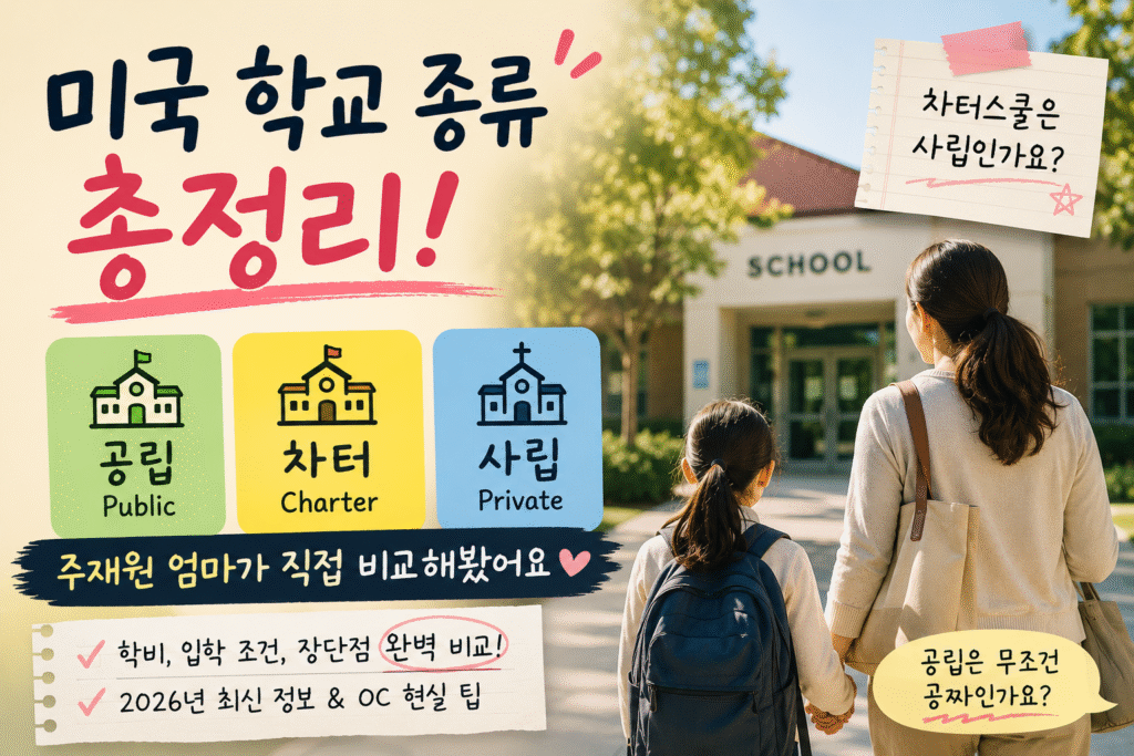 햇살이 비치는 미국 학교 앞에서 엄마와 아이가 함께 걸어가는 장면 위에, 공립·차터·사립 학교를 비교하는 감성적인 정보가 담긴 썸네일 이미지. 미국 학교 선택에 대한 궁금증과 현실적인 고민을 자연스럽게 표현한 블로그용 비주얼