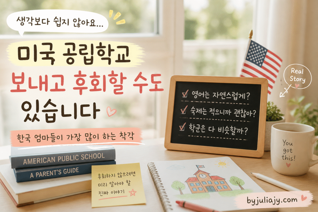 햇살이 들어오는 창가 책상 위에 아이의 노트와 책, 작은 칠판이 놓인 따뜻한 분위기의 이미지. 미국 공립학교 숙제와 관련된 고민 문구가 자연스럽게 배치되어 있고, 부드러운 감성의 홈스터디 환경을 담은 블로그 썸네일.