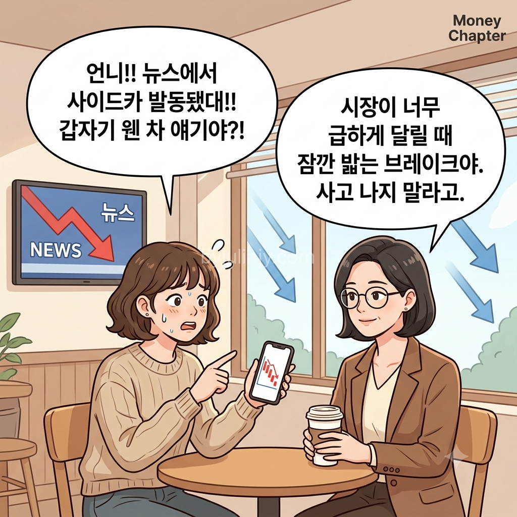 사이드카 뜻을 묻는 주식 초보와 설명하는 언니 인스타툰