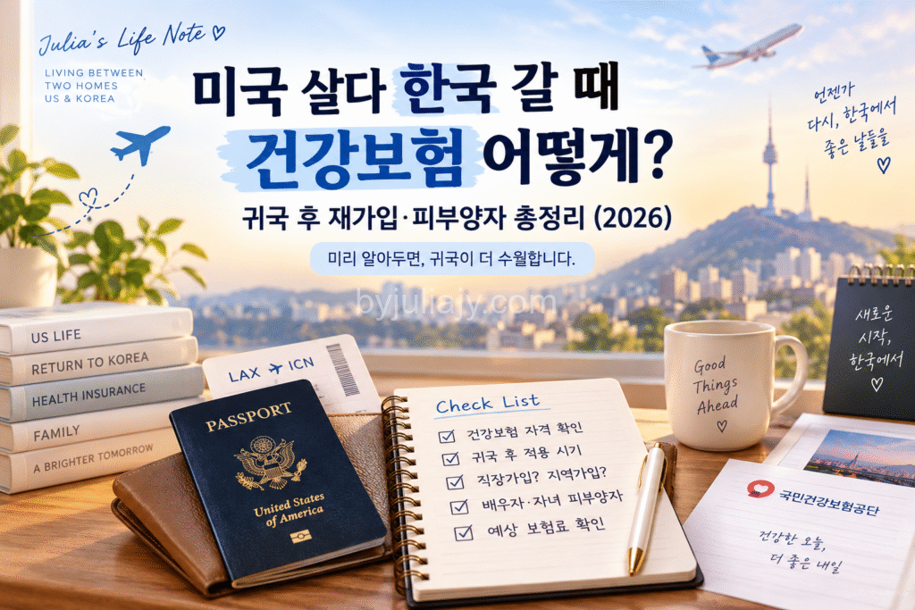 미국에서 한국으로, 건강보험 귀국 체크리스트 미국 생활 후 한국 귀국 시 건강보험 재가입·피부양자 등록 절차를 안내하는 2026년 가이드 이미지