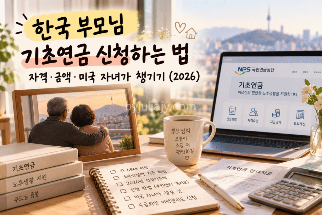 한국 부모님 기초연금 안내桌 한국 부모님 기초연금 신청 자격과 2026년 지급금액, 미국 거주 자녀가 챙길 신청방법 안내