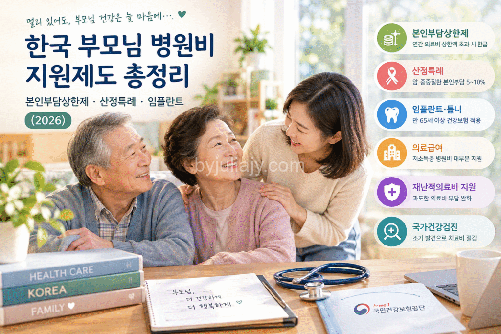 한국 부모님 병원비 지원제도 총정리 한국 부모님 병원비 지원제도와 2026년 본인부담상한제·산정특례·65세 이상 임플란트·의료급여·재난적의료비 안내